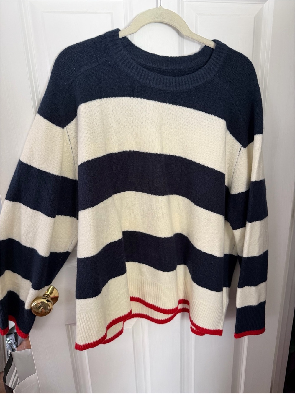 Striped Navy and Cream Crewneck Sweater with Red Trim